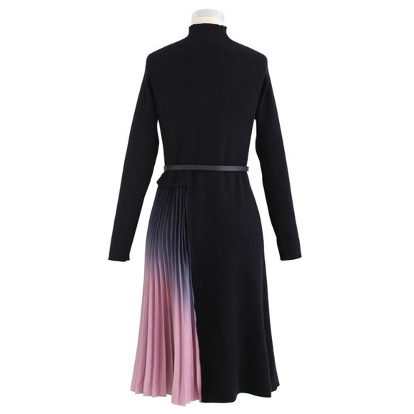 NWT GRADIENT PLEATED SPLICING BELTED KNIT DRESS IN BLACK - Picture 12 of 12